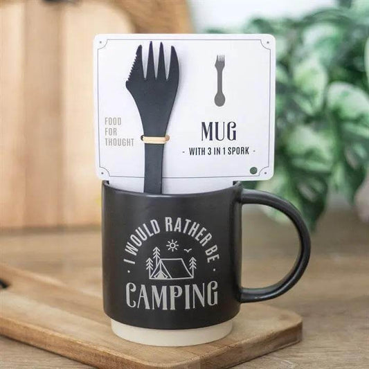I Would Rather Be Camping Mug with 3-in-1 Spork – 500ml Ceramic Outdoor Mug displayed with spork on card.