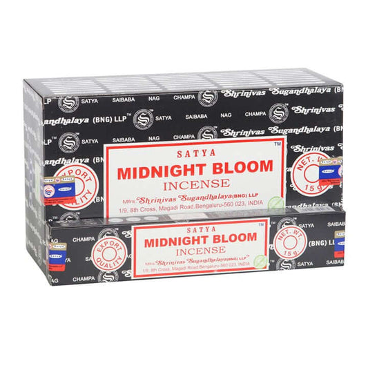 Set of 12 Midnight Bloom Incense Sticks by Satya, featuring handmade vegan Bloom Incense Stick packs.