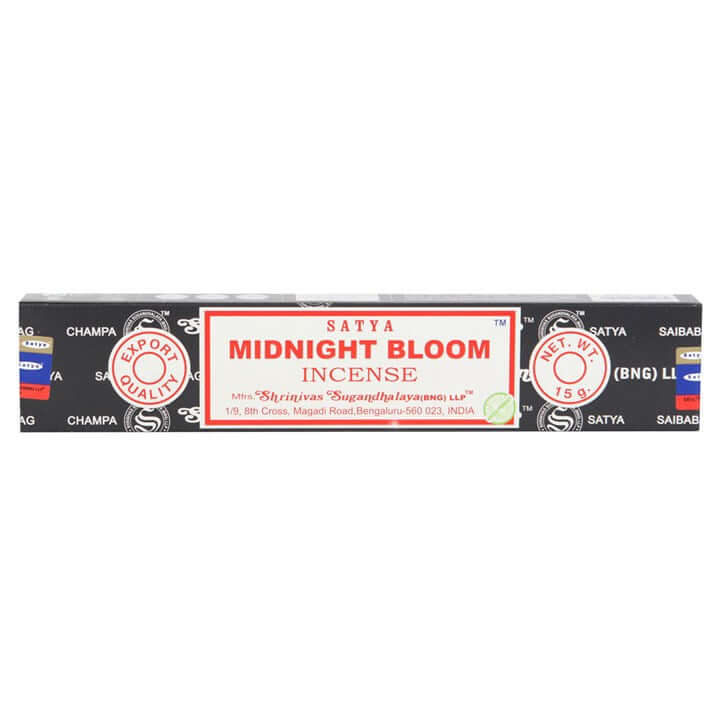 Set of 12 Midnight Bloom Incense Sticks by Satya, featuring vegan friendly ingredients and handmade quality.