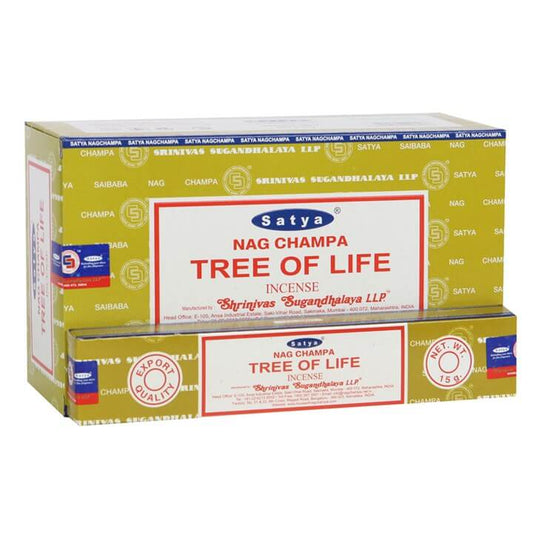 12 Packs of Tree of Life Incense Sticks by Satya in decorative packaging displayed.