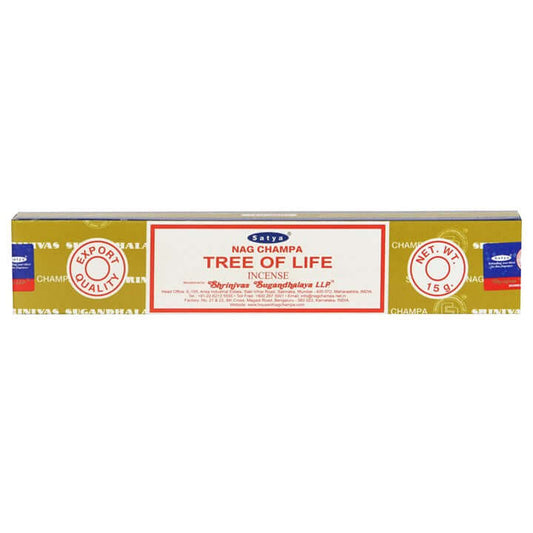 12 Packs of Tree of Life Incense Sticks by Satya, featuring warm woody notes and green foliage aroma.