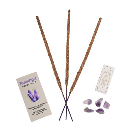 Amethyst incense sticks with packaging and crystals on a white background