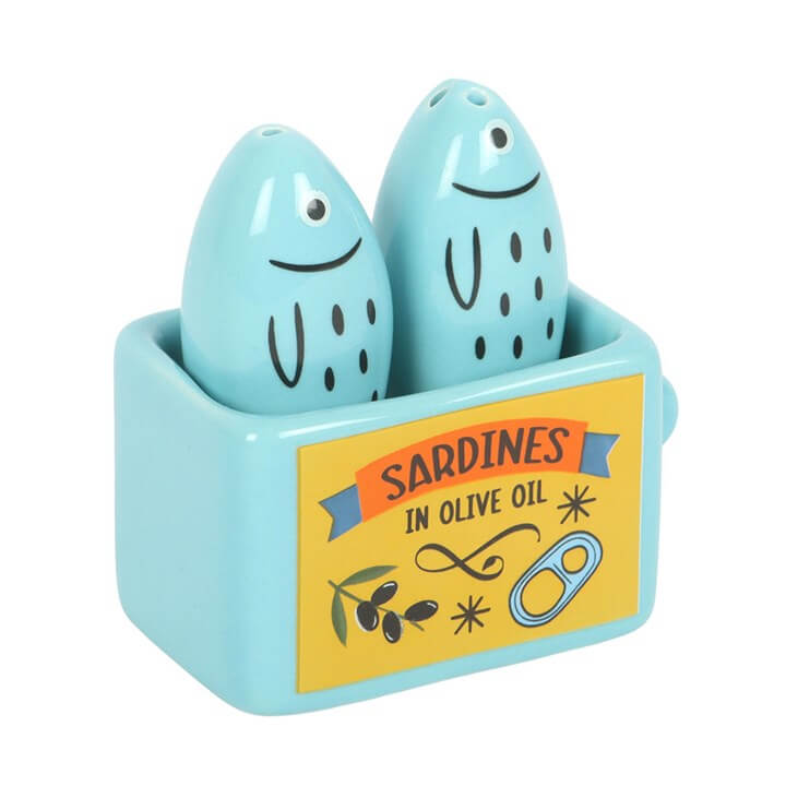 Sardine Salt and Pepper Shakers in a fun sardine can design with smiling fish, perfect for coastal-themed kitchens.