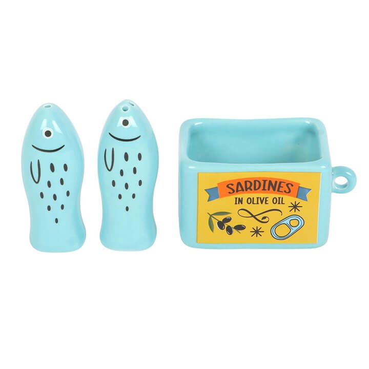 Sardine Salt and Pepper Shakers set with blue ceramic fish design and decorative tin for kitchen decor.