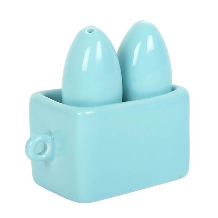 Sardine Salt and Pepper Shakers in a fun blue ceramic design, perfect for coastal kitchens.