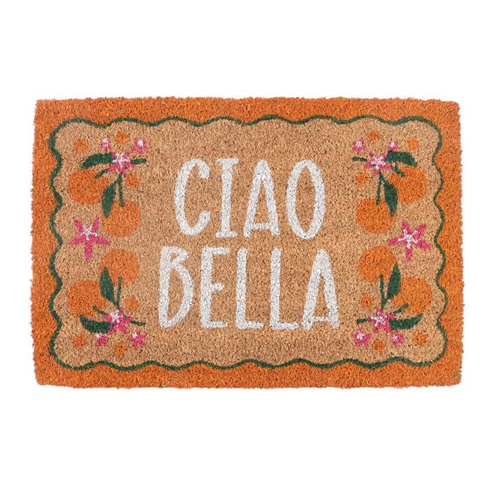 Ciao Bella Doormat featuring vibrant orange borders and citrus fruit design, perfect for welcoming guests with style.