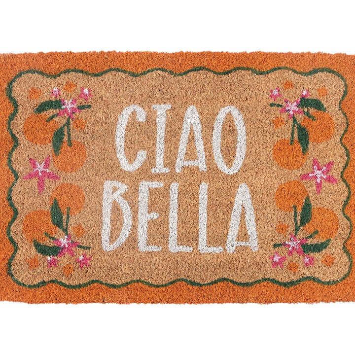 Ciao Bella Doormat featuring vibrant orange borders and citrus fruit design, perfect for cheerful entryways.