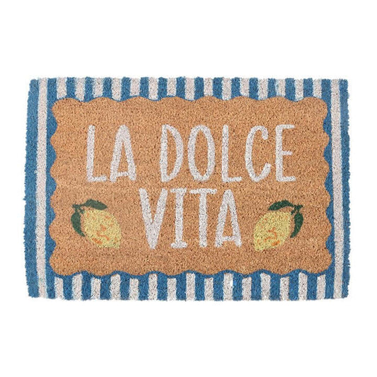 Blue La Dolce Vita Doormat with lemons and striped border, perfect for vibrant entryways and cheerful decor.