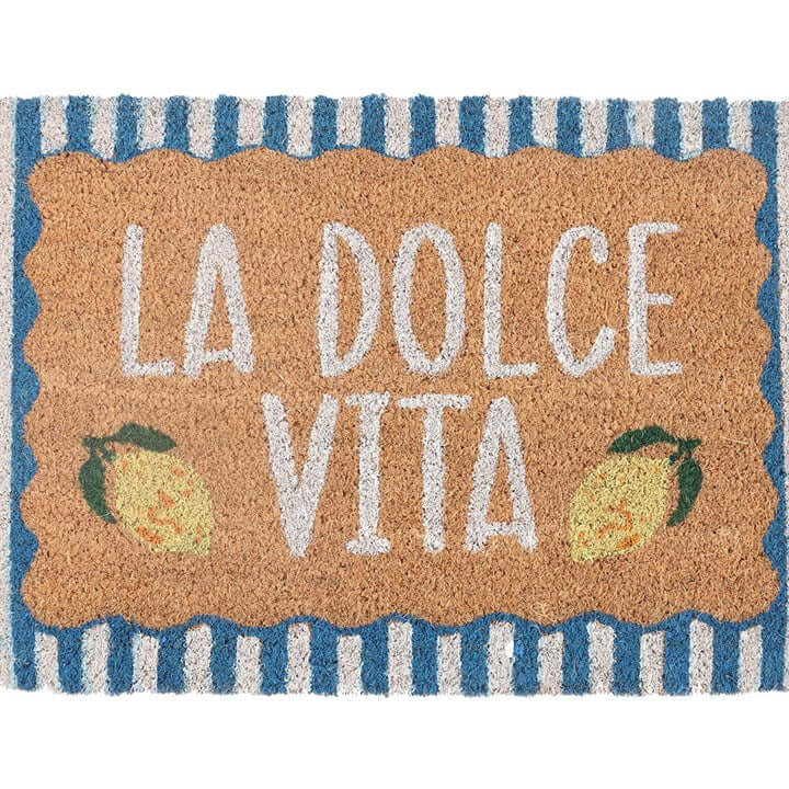 Blue La Dolce Vita Doormat with lemons and vibrant border, perfect for cheerful entryways.