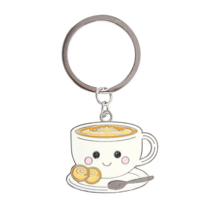 Kawaii Latte Keyring featuring a cute smiling latte cup and cookies, perfect for adding charm to your keys.