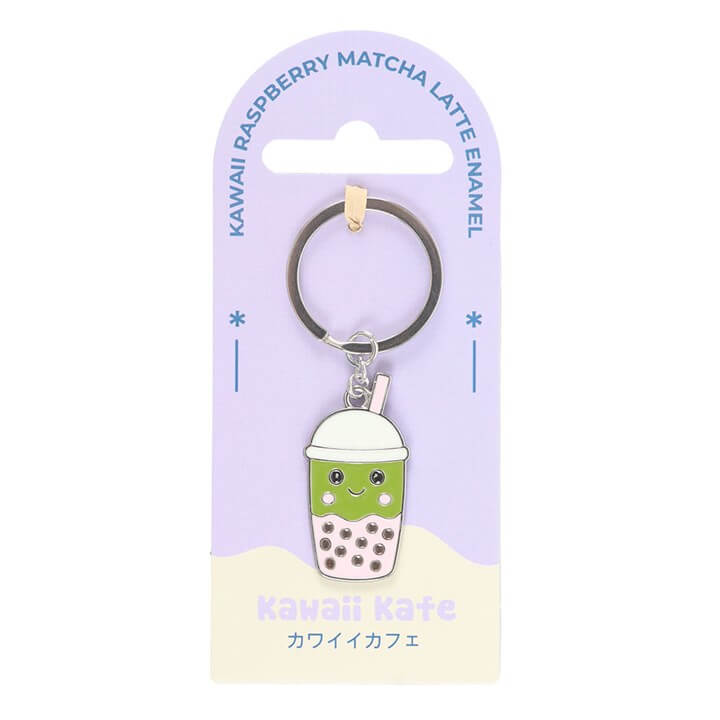 Kawaii Bubble Tea Keyring featuring cheerful matcha latte character with pearls, perfect for tea lovers.