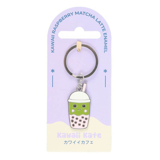 Kawaii Bubble Tea Keyring featuring cheerful matcha latte character with pearls, perfect for tea lovers.