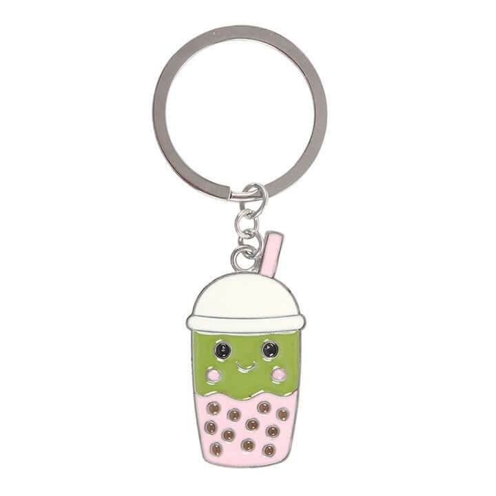 Kawaii Bubble Tea Keyring featuring a cheerful matcha latte with colorful pearls, perfect for tea lovers. Tea Keyring.