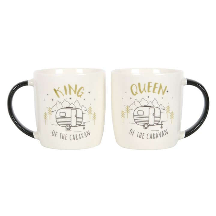 King and Queen Couples Caravan Mug Set featuring illustrations and text 'King of the Caravan' and 'Queen of the Caravan'. Caravan Mug Set.