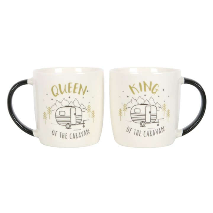 King and Queen Couples Caravan Mug Set featuring charming caravan illustrations and text for couples.