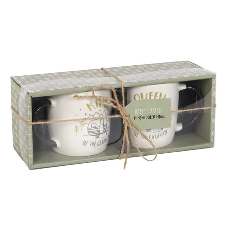 King and Queen Couples Caravan Mug Set in a box, featuring charming caravan illustrations for travel lovers.