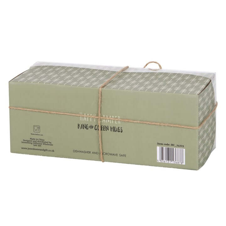 King and Queen Couples Caravan Mug Set packaging box, designed for dishwasher and microwave use.