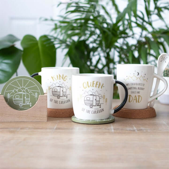 King and Queen Couples Caravan Mug Set featuring charming illustrations and text, ideal for travel lovers.
