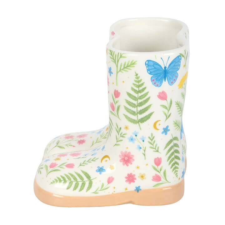Luna Bloom Floral Print Welly Boot Planter, a ceramic welly boot plant pot with colorful floral design.