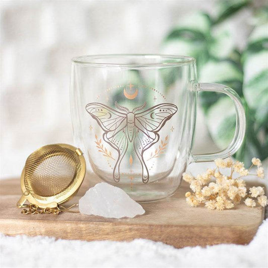 Luna Moth Glass Mug with Clear Quartz Tea Infuser Double Walled-Sociodigi