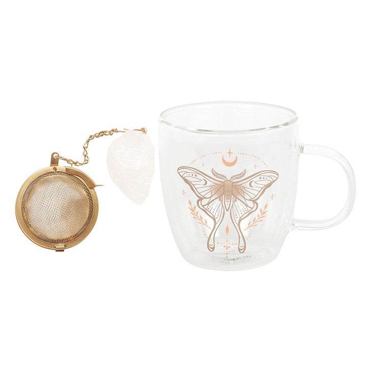 Luna Moth Glass Mug with Clear Quartz Tea Infuser Double Walled-Sociodigi