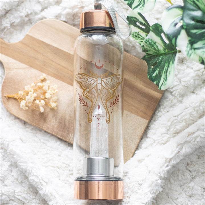 Luna Moth Glass Water Bottle with Clear Quartz Crystal – 500ml-Sociodigi