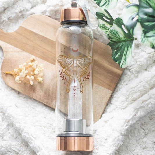 Luna Moth Glass Water Bottle with Clear Quartz Crystal – 500ml-Sociodigi