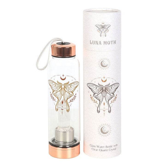 Luna Moth Glass Water Bottle with Clear Quartz Crystal – 500ml-Sociodigi