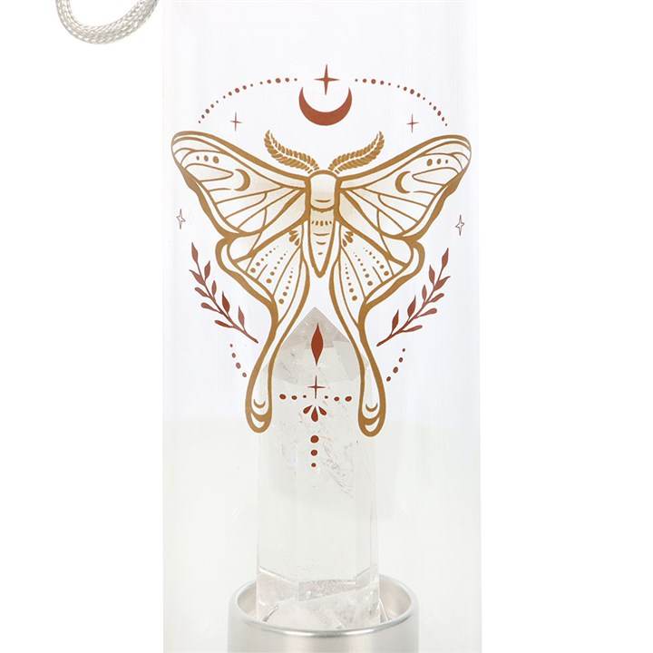 Luna Moth Glass Water Bottle with Clear Quartz Crystal – 500ml-Sociodigi
