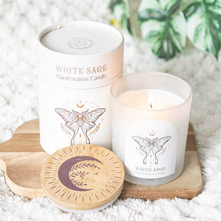 Luna Moth Manifestation Candle with Clear Quartz – White Sage Infused-Sociodigi