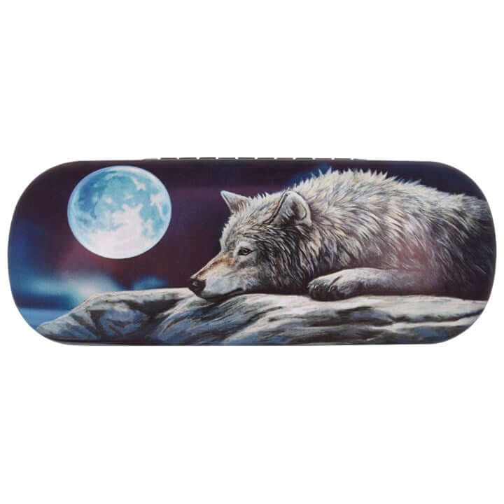 Glasses case with a wolf and moon design on a white background