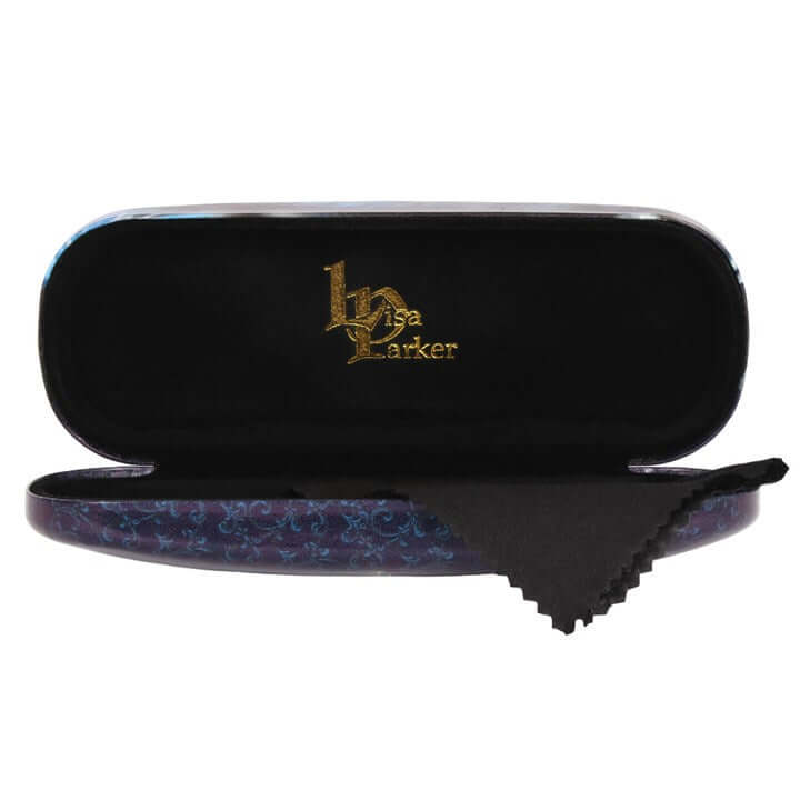 Black glasses case with a logo on a white background