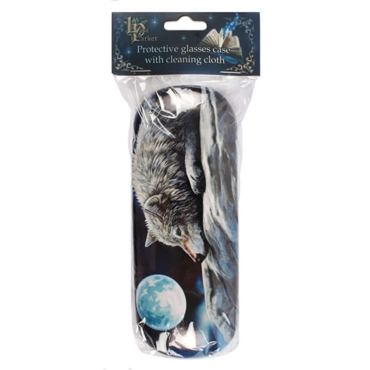 Packaged protective glasses case with cleaning cloth featuring a wolf design on a white background