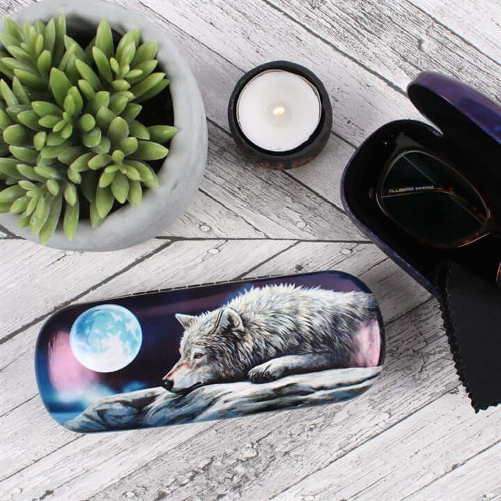 Owl-themed glasses case on a wooden surface with a plant and candle in the background