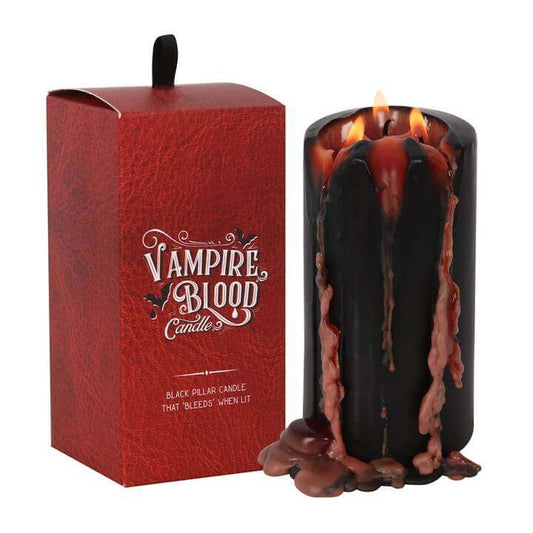 Large Vampire Blood pillar candle with bleeding wax effect, perfect for eerie mood lighting.