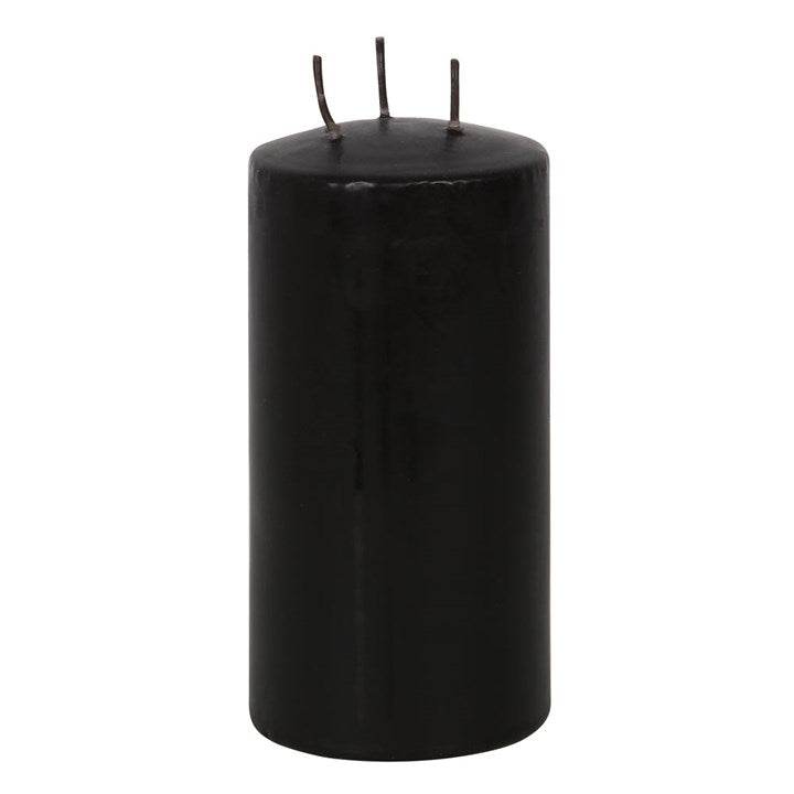 Large black pillar candle with three wicks, ideal for creating a dramatic ambiance.