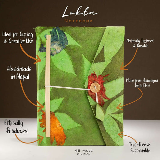 Lokta Bold Floral Notebook – Large (21x15cm) – 45 Leaves – Includes Bookmark – Moss Green