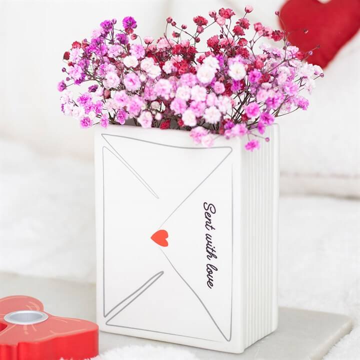 Love Letter Valentine’s Day Flower Vase with pink flowers, designed like a sealed letter, perfect for romantic decor.