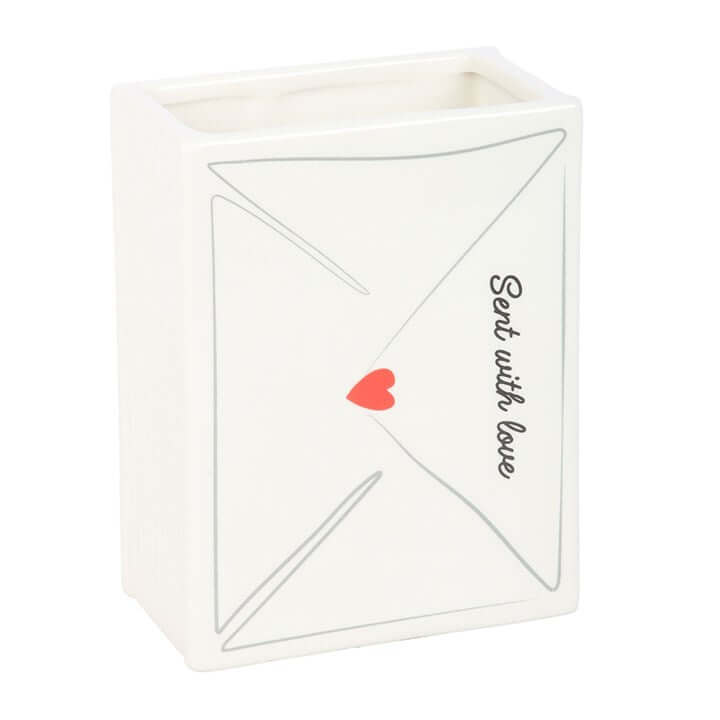 Love Letter Valentine's Day Flower Vase shaped like an envelope, featuring a heart design and text 'Sent with love'.