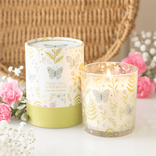 Luna Bloom Butterfly Sage And Cedarwood Candle In Glass Holder 4 Oz Gift Tube