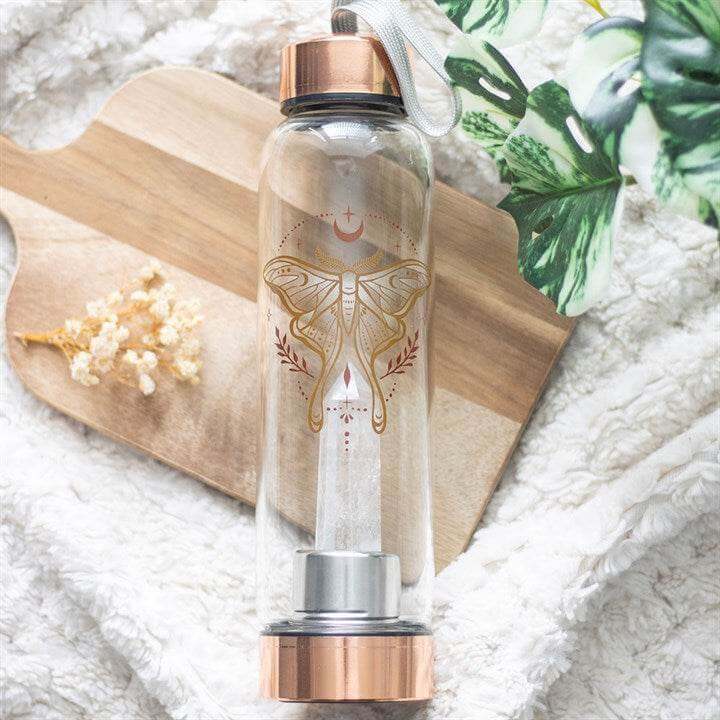 Luna Moth Glass Water Bottle with Clear Quartz Crystal – 500ml-Sociodigi