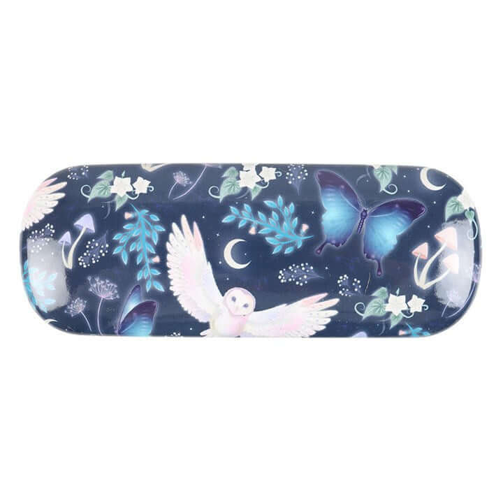 Eyeglass case with fairy tale design featuring a butterfly, owl, and mushrooms on a dark blue background.