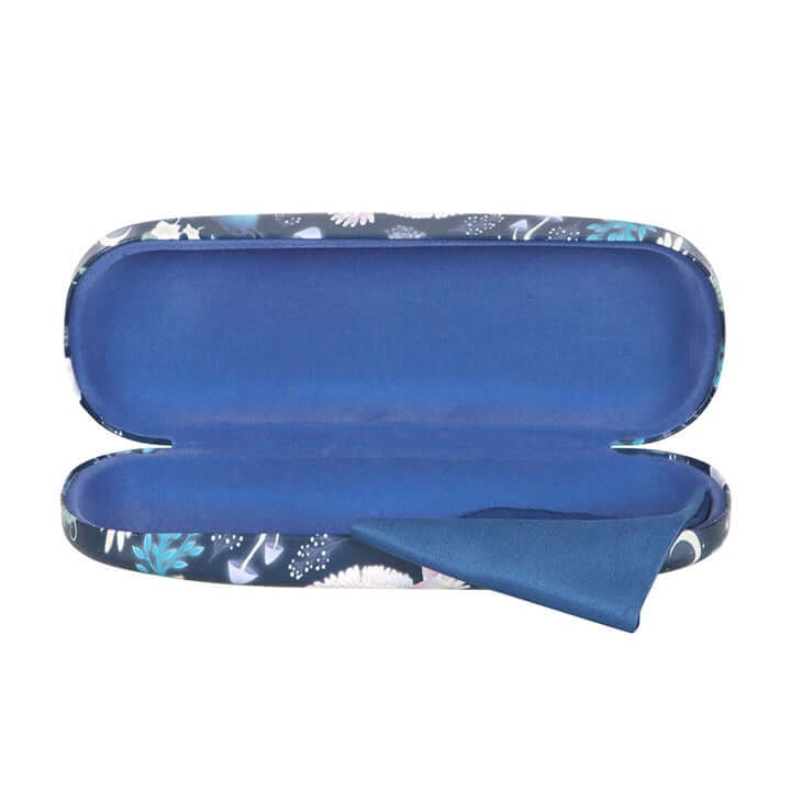 Blue floral-patterned glasses case on a white background