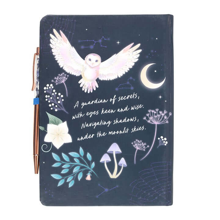 Notebook with owl illustration and text on a dark background