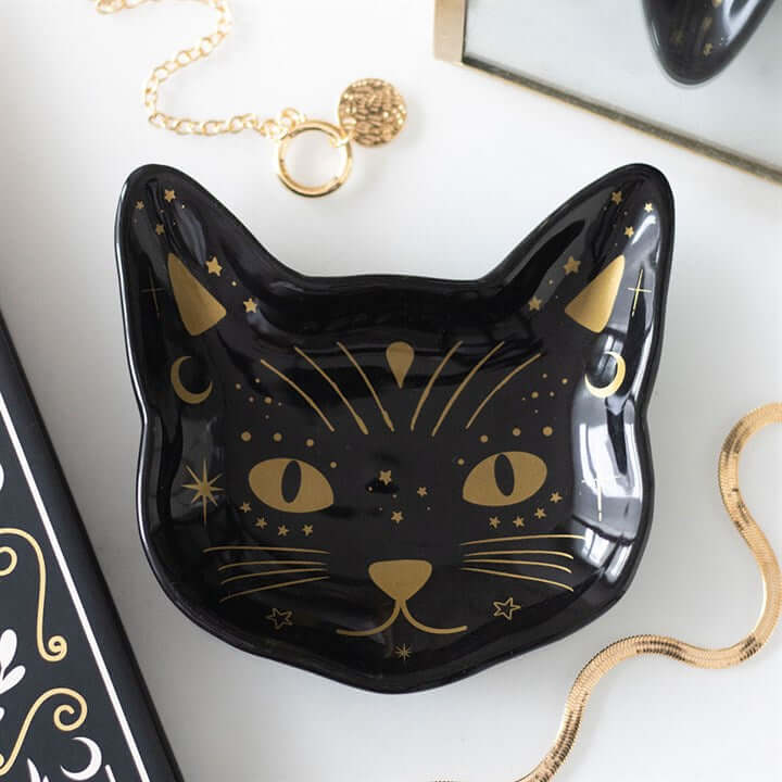Magick Black Cat Face Trinket Dish in black color with gold detailing, ideal for storing small items.