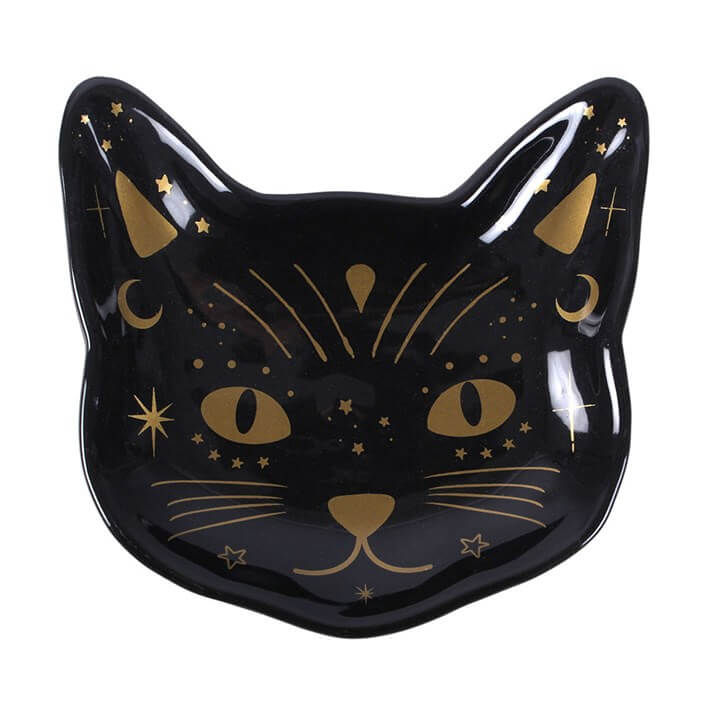 Magick Black Cat Face Trinket Dish with celestial designs, perfect for holding small items.