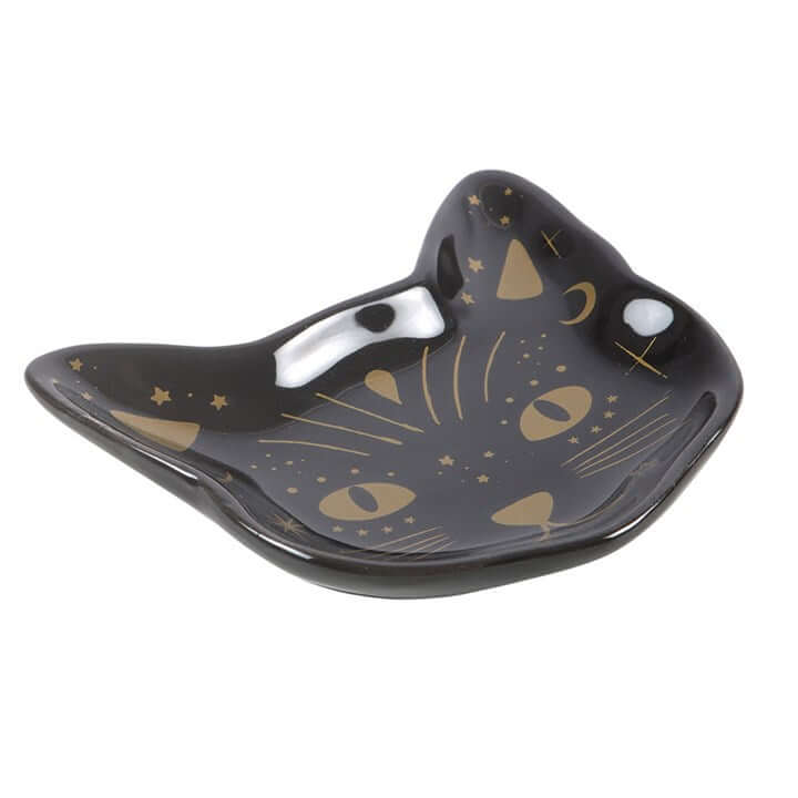 Magick Black Cat Face Trinket Dish with gold detailing and cat features for storing small items.