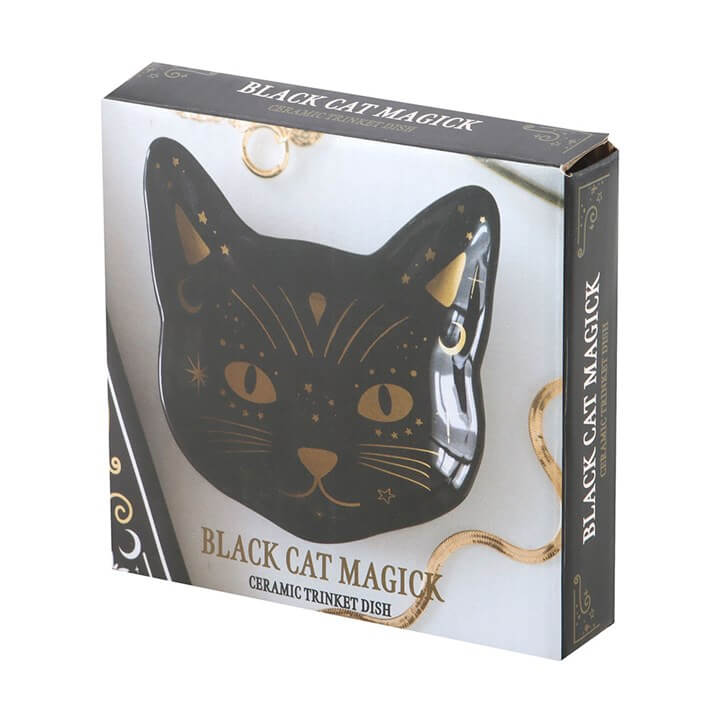 Black Cat Magick ceramic trinket dish in a decorative box, perfect for storing small items and adding feline charm.