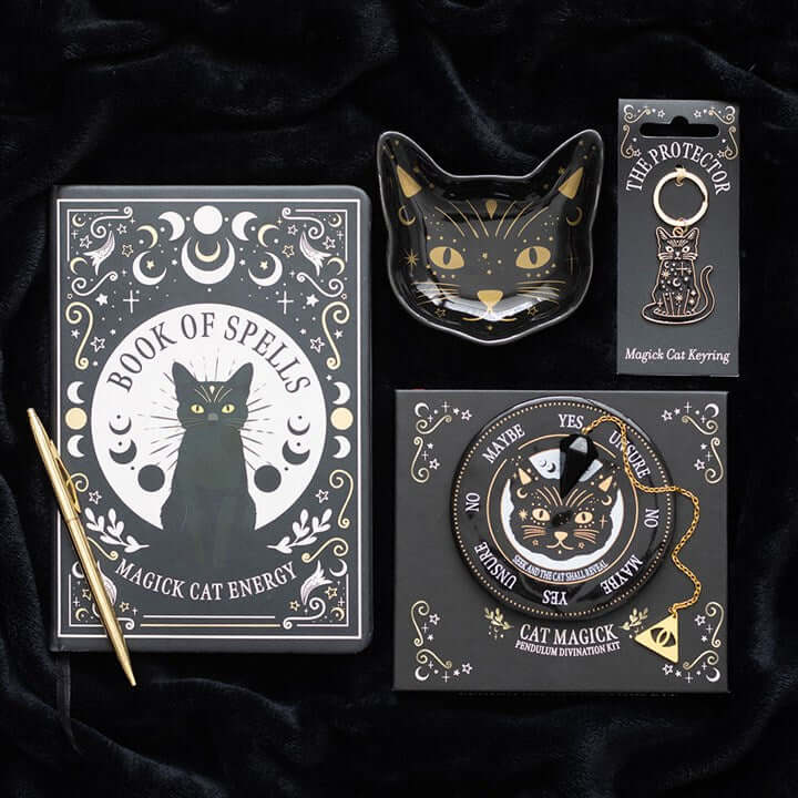 Magick Black Cat Face Trinket Dish among spellbook and accessories, showcasing trinket dish for storage.