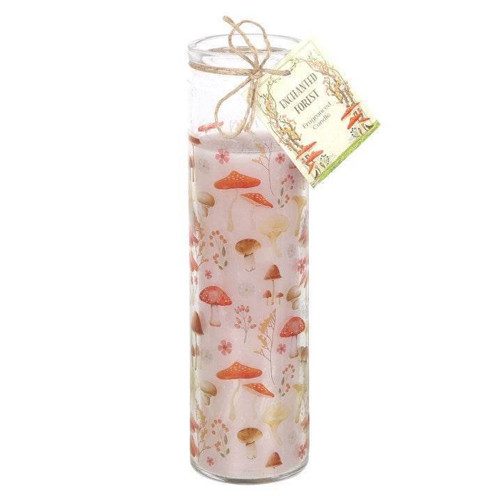 Mushroom Print Enchanted Forest Tube Candle with decorative label, featuring whimsical mushroom design.